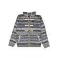 Men's Knitted Geometric Jacquard Zipper Olive Button Hoodie